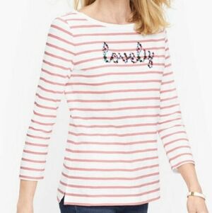 Talbots White Pink Cotton Lovely Floral Embroidery Stripe Tee Top Cruise MP